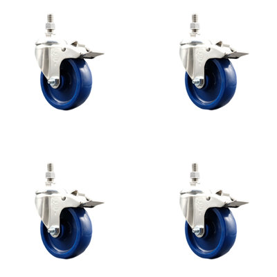 316SS Solid Polyurethane Wheel Swivel Stem Caster Set Lock Brake