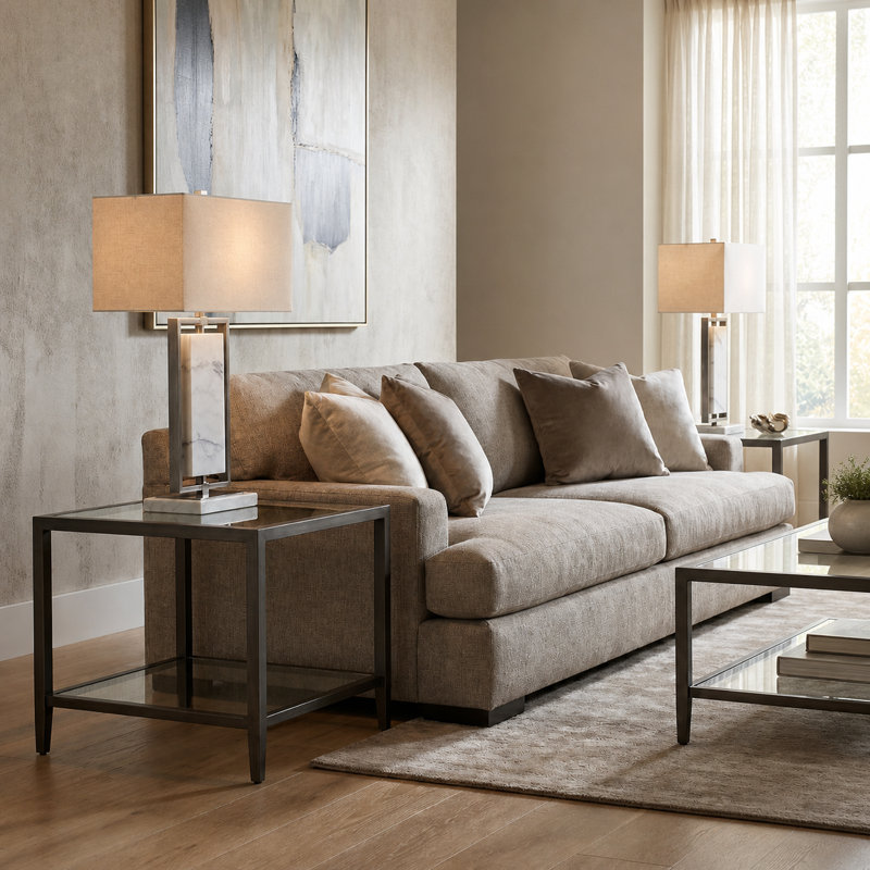 29.75" Marble Table Lamp With Oat Shade