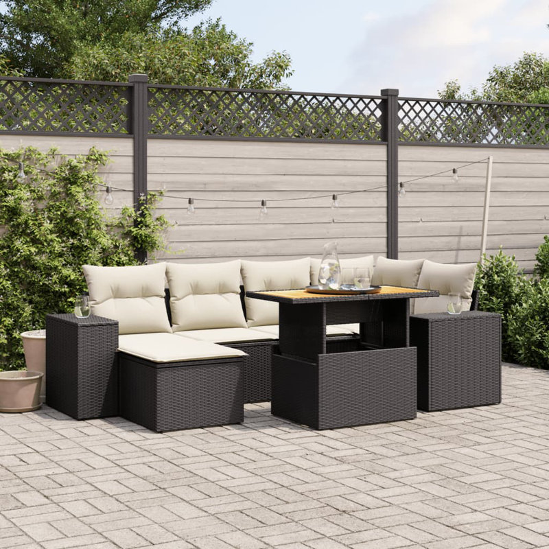  Garden Sofa Set Black PE Rattan 7 Piece Set Adjustable Armrests, Black