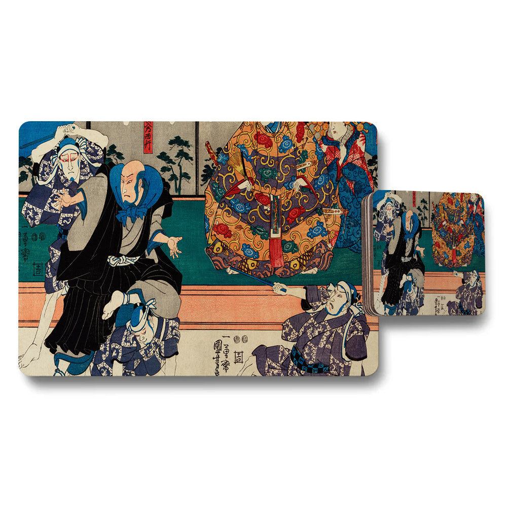 Ukiyoe Theatrical Japanese Placemat And Coaster Set With Classic Artwork