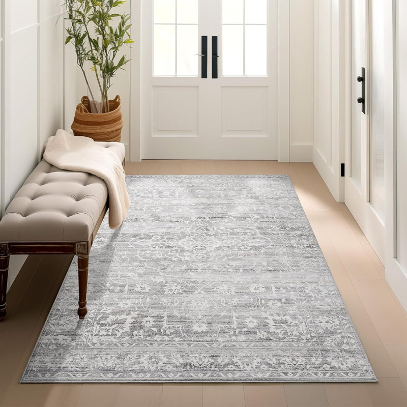 Machine Washable Medallion Floral Area Rug(Grey), Rectangle 3' x 5'