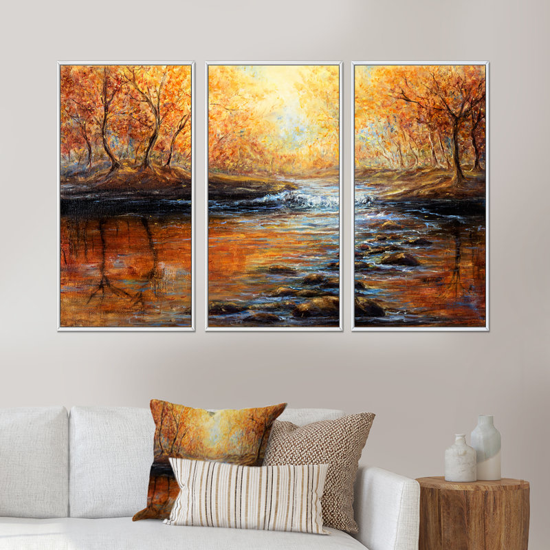 «Morning Light In The Autumn Forest», peinture sur toile 3 pièces, H 28 po x l 36 po, Blanc