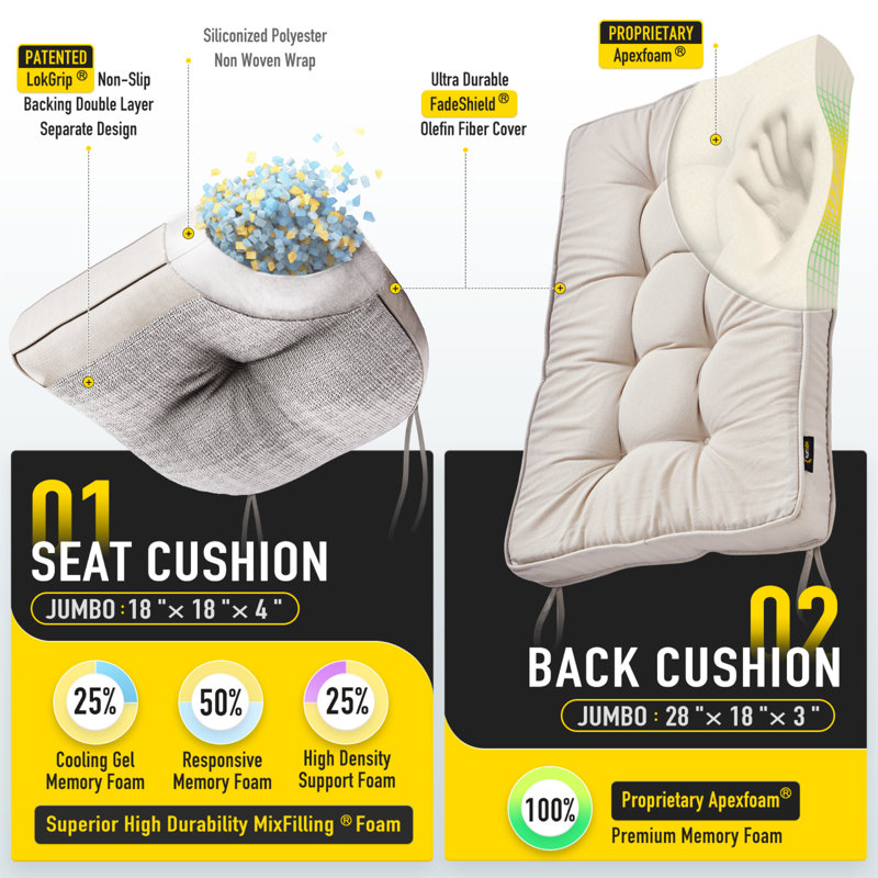 SUNROX Indoor/Outdoor Memory Foam Non Slip Rocking Chair Cushion, 17" W x 17" D, Cream
