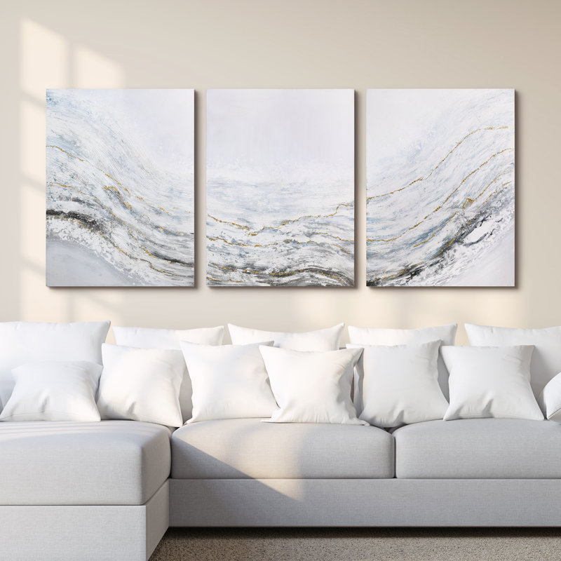 Blizzard Textured Metallic Abstract Triptych Canvas Wall Art, 40" x 90"
