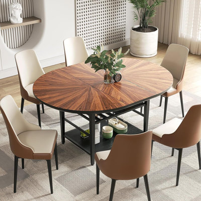 Ensemble de table de salle à manger extensible de 47 à 63 po avec tablette de rangement, plateau en bois de noyer massif et base en métal, comprend 6 chaises rembourrées