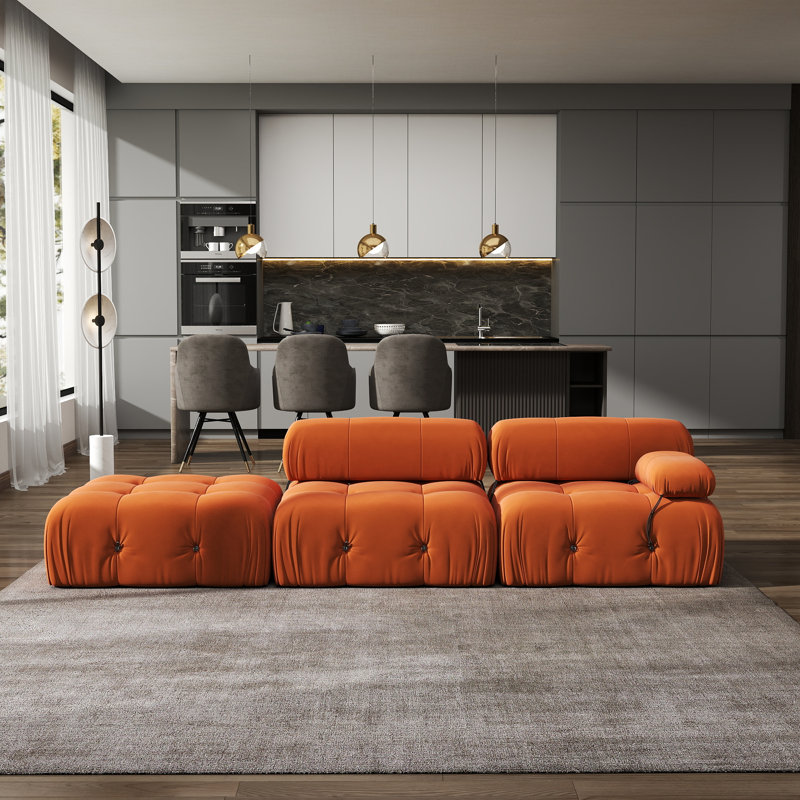 Cylar 3-Piece Upholstered Modern Velvet Modular Sofa With Ottoman, Orange
