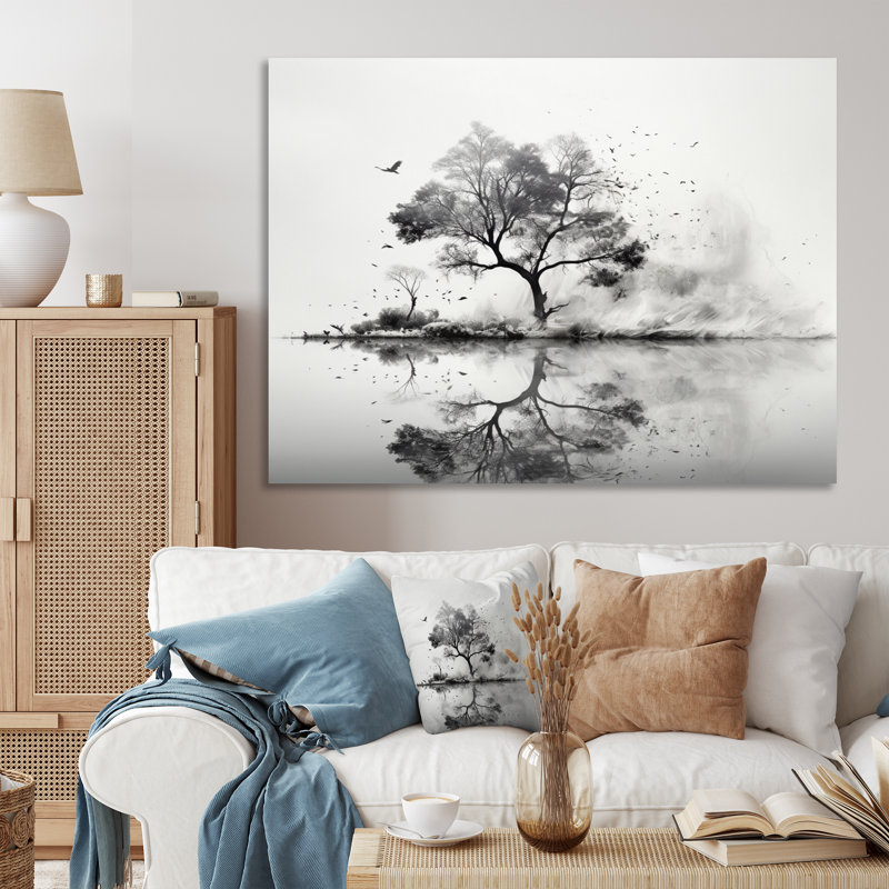 «Gray White Minimalisme Tree Ink Harmony II» sur toile imprimée, Toile tendue, H 12 po x l 20 po x P 1 po