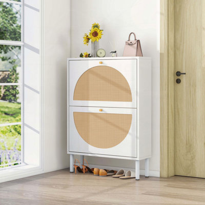 White Rattan 2-Door Shoe Rack