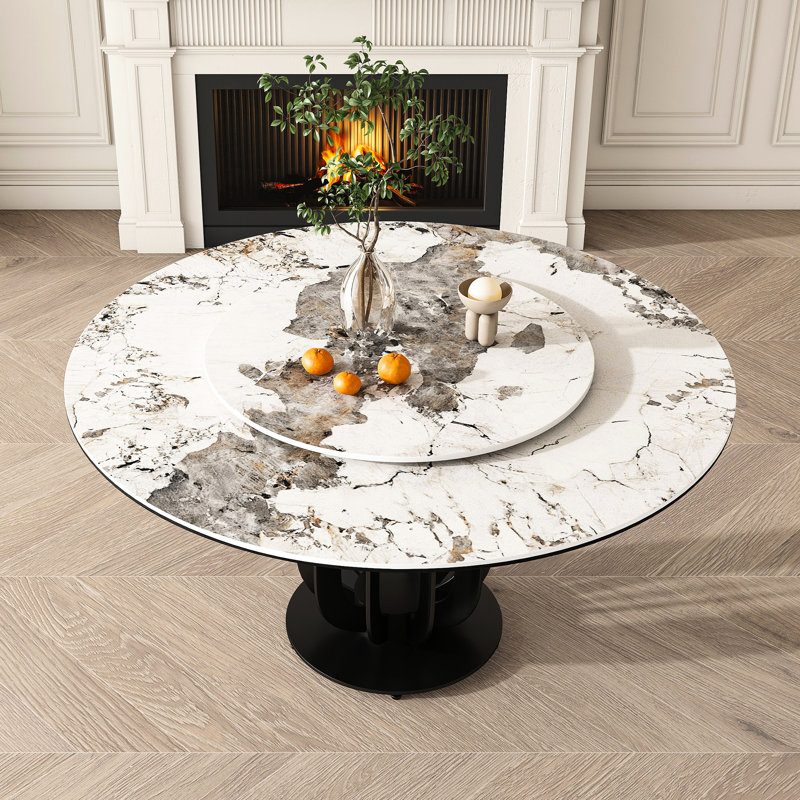 Table de salle à manger ronde de 53 po avec plateau en pierre frittée, structure en acier au carbone noir et surface paresseuse de 31,5 po de conception luxueuse pour les maisons modernes, base, pouvant accueillir 8 à 10 personnes