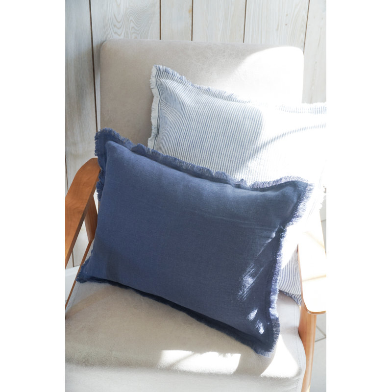 Navy Blue Linen Fringe Throw Pillow