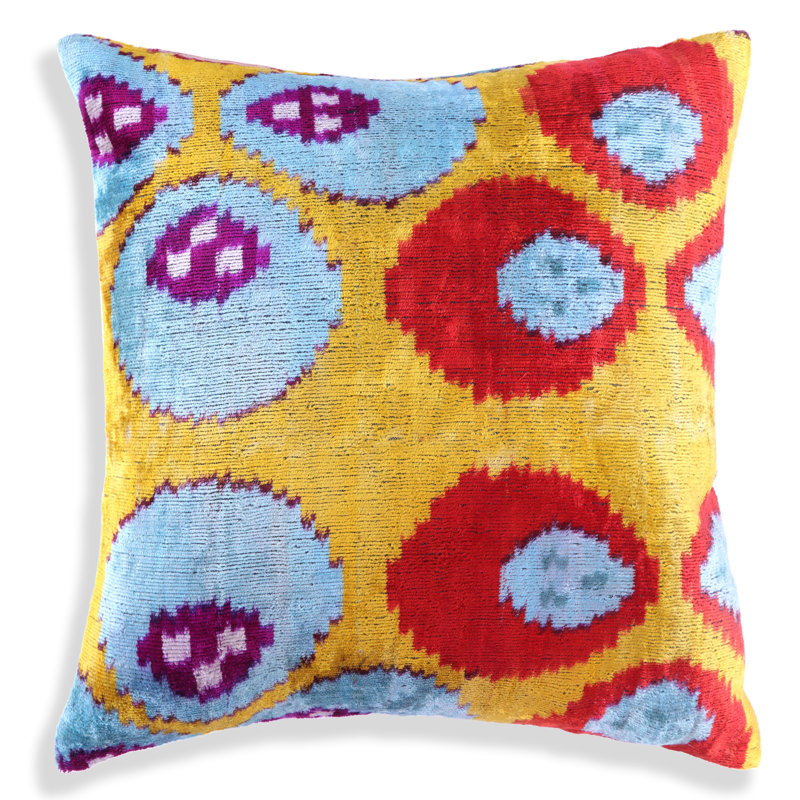 Coussin en velours de soie ikat jaune et bleu - 16 x 16 po | Luxe fait à la main