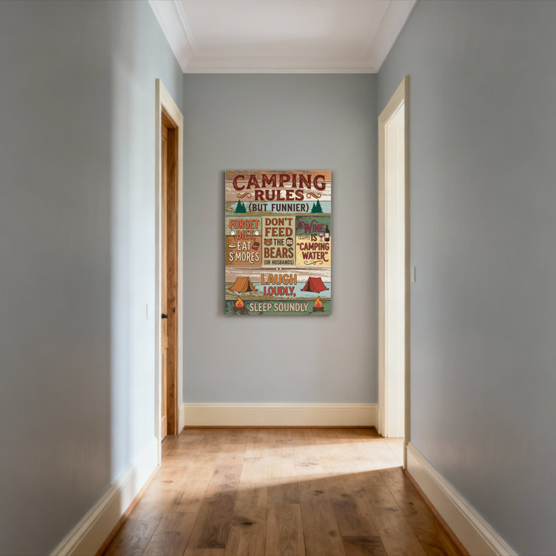 Ensemble de 1 tableau sur toile à motif de feu de camp et règles de camping, avec citations humoristiques, H 30 po x l 20 po