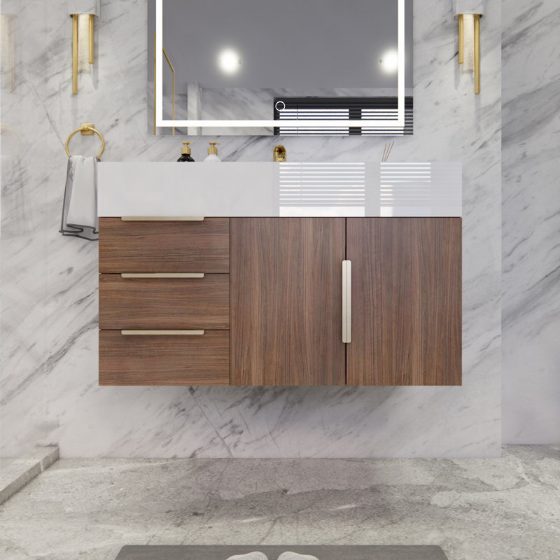 Meuble-lavabo mural simple l 35,4 po x P 19,5 po x H 19,75 po Richey, Bois de rose, Blanc