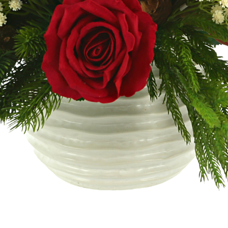 Holiday Floral with Roses, Baby's Breath and Evergreen