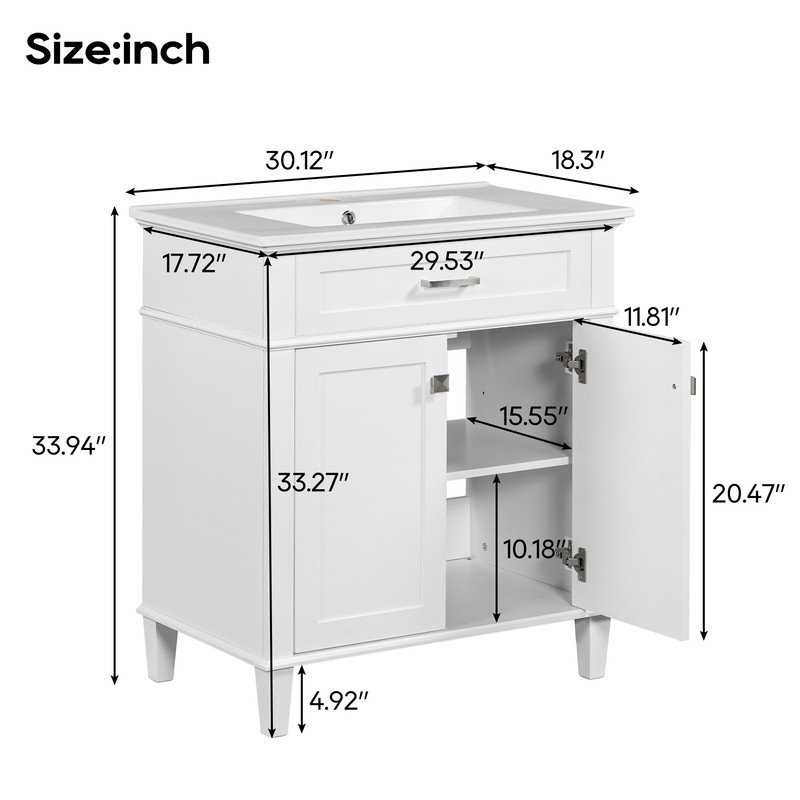 Meuble-lavabo de 30 pouces avec lavabo en céramique, porte à fermeture douce et tablettes réglables, Blanc