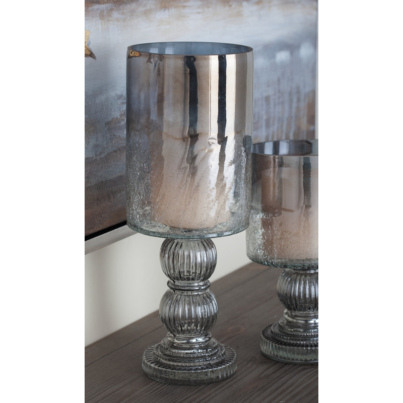 Glass Handmade Turned Style Pillar Black Hurricane Lamp with Smoked Glass Finish, 16" H x 6" W x 6" D, Clear