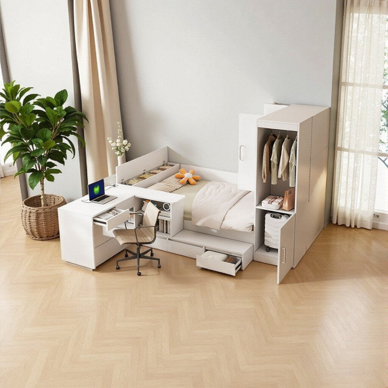 Lit plateforme avec rangement 104,9 "avec bureau et garde-robe - Pleine grandeur, Blanc