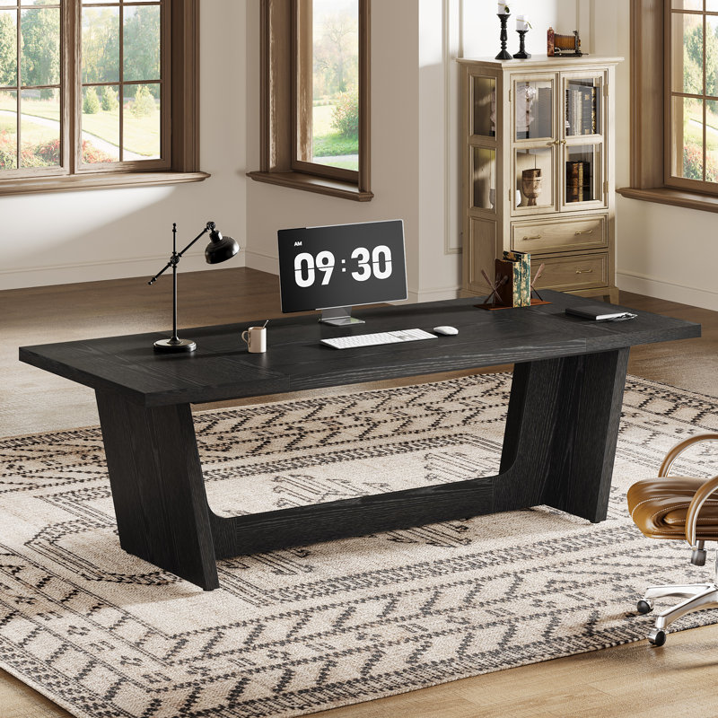 70.9" Large Home Office Desk, Wooden Executive Desk Writing Study Table, Classic Black