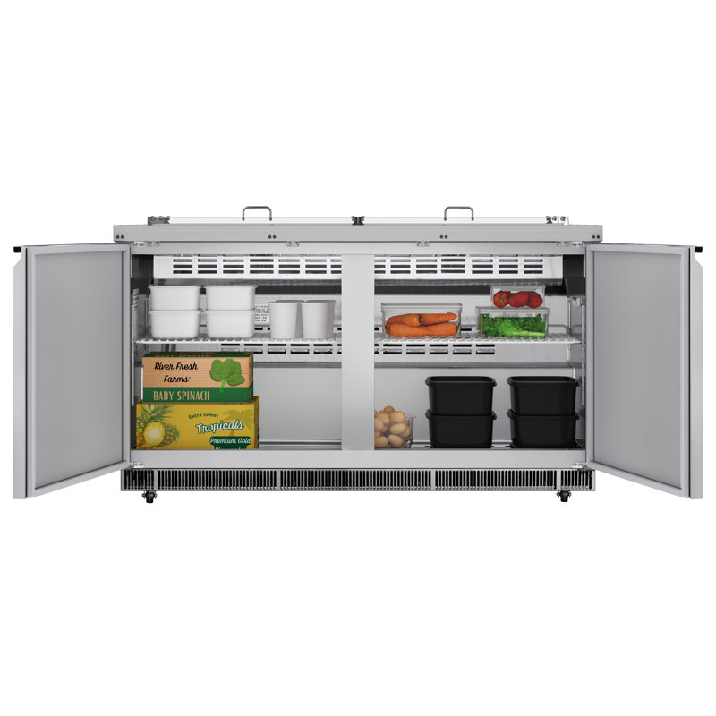 Table froide de 60 po pour station de préparation commerciale, réfrigérateur en acier inoxydable avec capacité de 12 plaques (non incluses) avec couvercle et deux tablettes réglables, homologué ETL (km-rbt-60c)