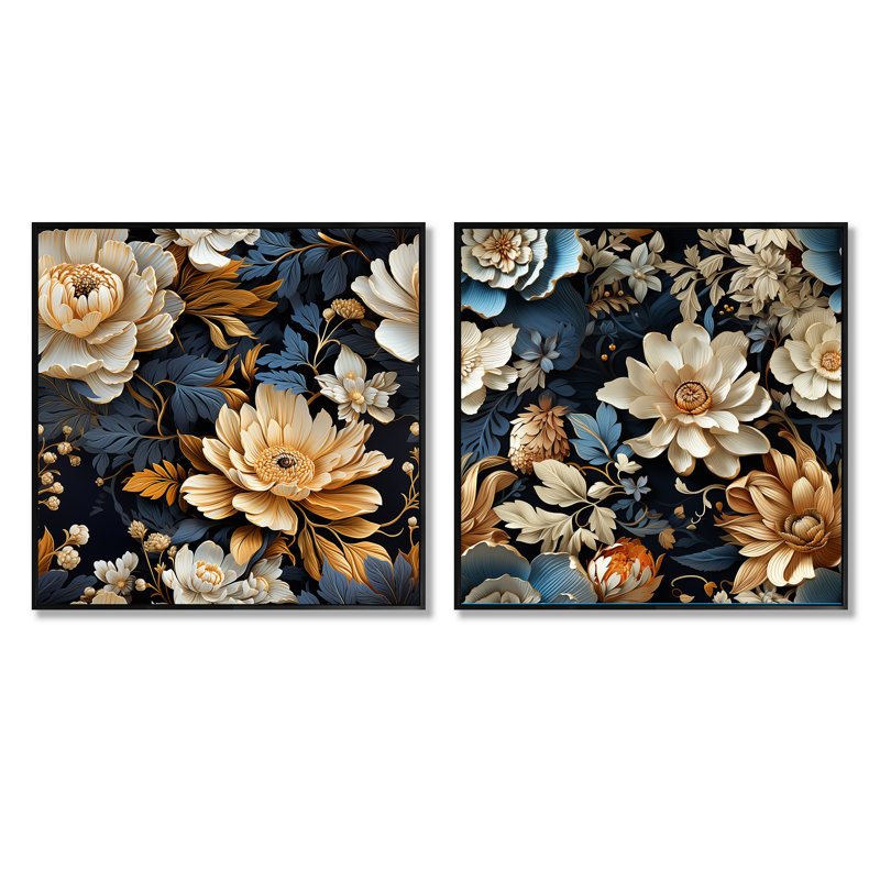 Hartle - Ensemble de 2 collages carrés floraux, Cadre flottant noir, H 30 po x l 61 po