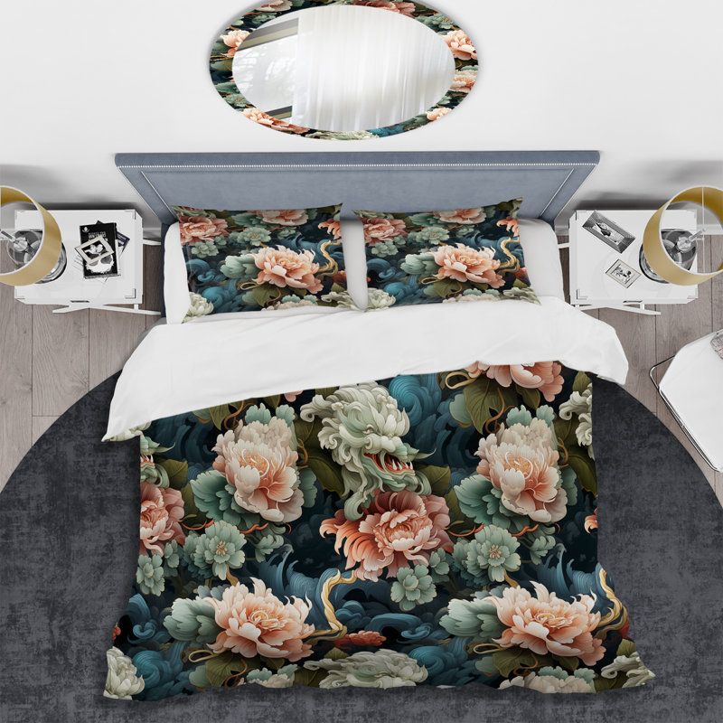 King Floral Dragon Symbolism Microfiber Duvet Cover Set