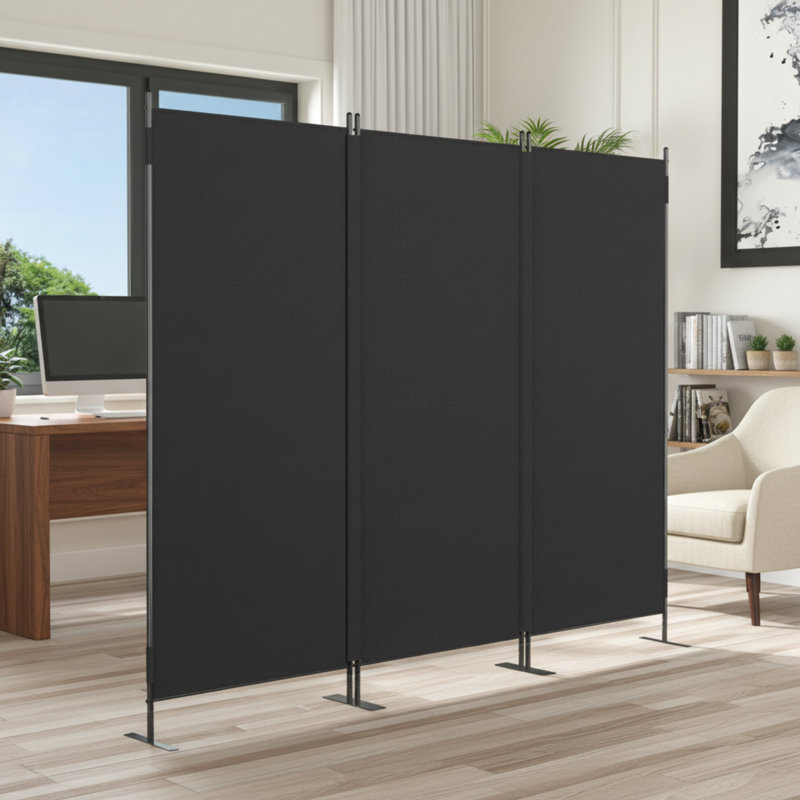 Cloison portable à trois volets, structure en métal, design noir moderne, idéale pour diviser les espaces de la maison et du bureau.