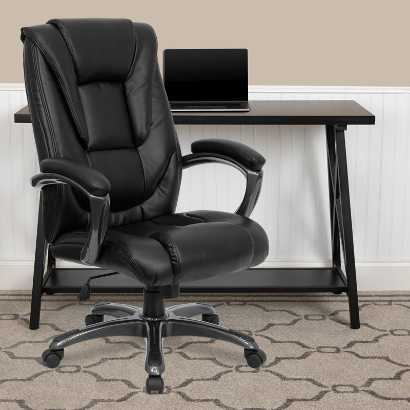 High Back LeatherSoft Swivel Ergonomic Office Chair w/Deep Curved Lumbar, Black Executive Leather