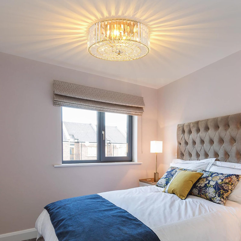 17.5 Inch Flush Mount Crystal Ceiling Light Fixture, Modern Chandelier With K9 Crystals, 4-Light Round Lighting For Bedroom Living Room Hallway Dining Room