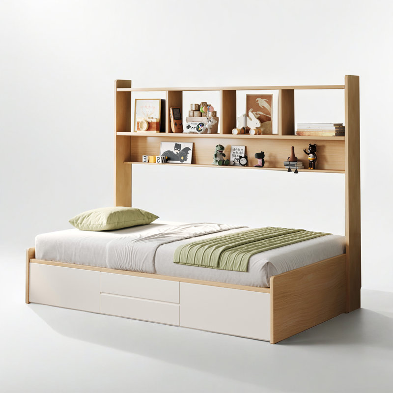 Lit de rangement moderne avec bibliothèque de tête de lit haute de 64 po et structure de plateforme en bois d'ingénierie à 4 tiroirs avec tablettes intégrées