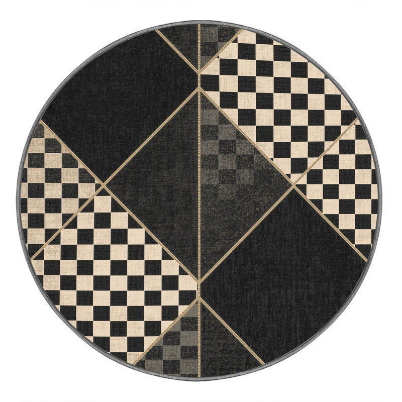 Machine Washable Arverne Art Deco Checkered Rug in Gray – Gray Binding, 6' Round