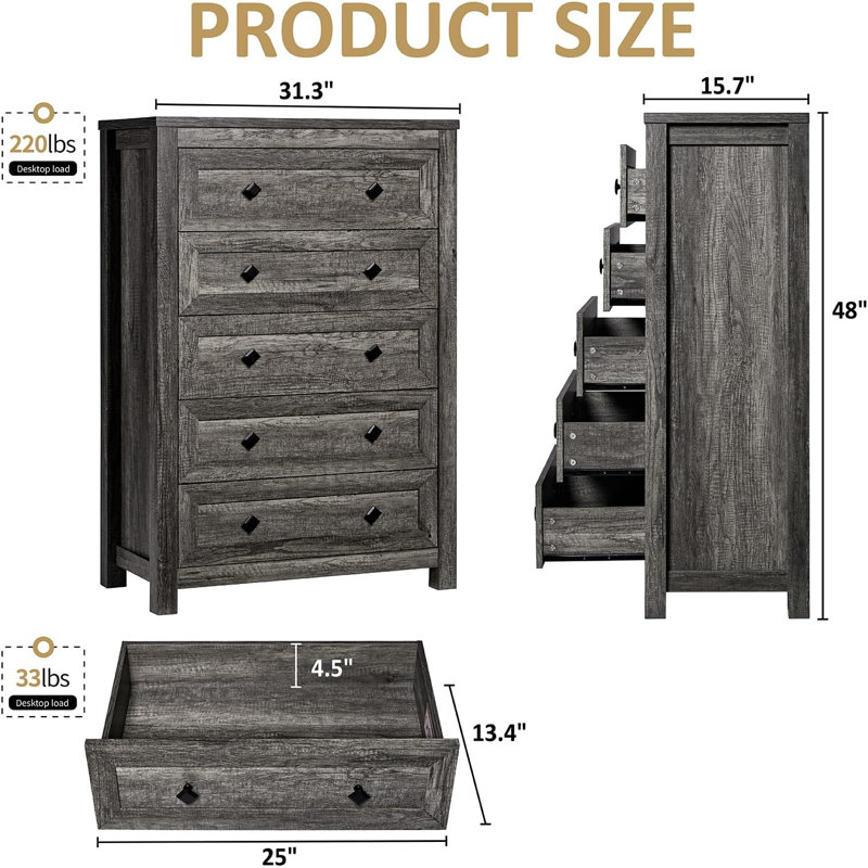 Commode haute 5 tiroirs Devion Farmhouse, Gris rustique