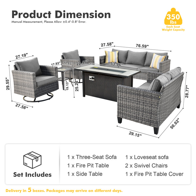 Harbin Wicker Rattan 7 - Person Outdoor Seating Group with Cushions with Fire Pit Table with Swivel Rocking Chairs, Gray