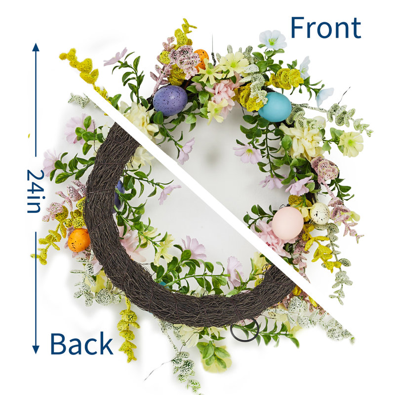Couronne d'œuf de Pâques 24 po, décoration florale de printemps porte d'entrée murale, 24 Inch