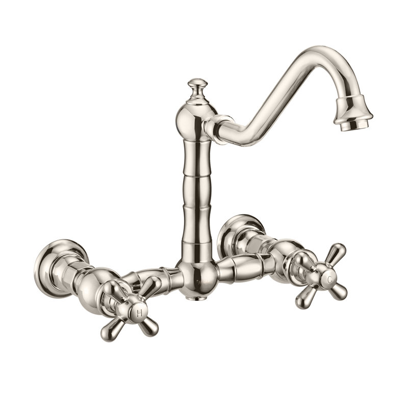 Whitehaus Wall Mount Faucet with Long Traditional Swivel Spout and Solid Brass Side Spray, Polished Nickel, Cross