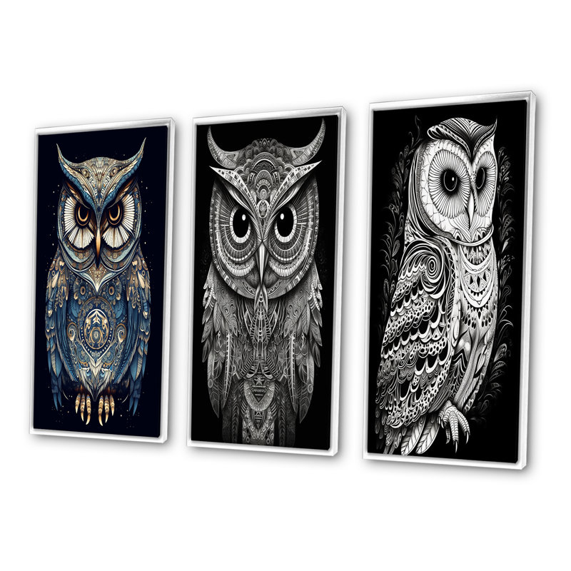 «White Owl Magic», 3 pièces sur toile, H 32 po x l 48 po, Cadre blanc