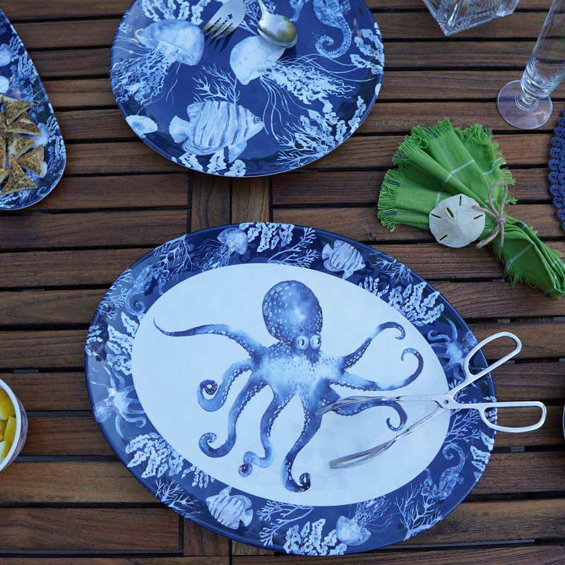 Sea Life Blue and White Melamine Round and Oval Platter Set