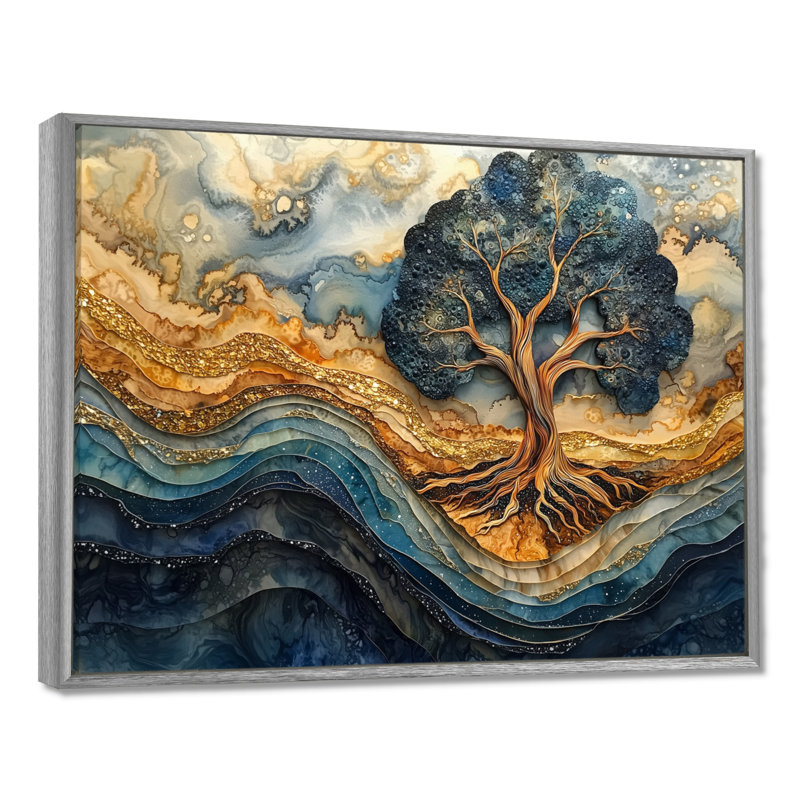 Décoration murale turquoise arbre de vie aqua infini doré, H 34 po x l 44 po, Reproduction avec cadre flottant, Argent argent