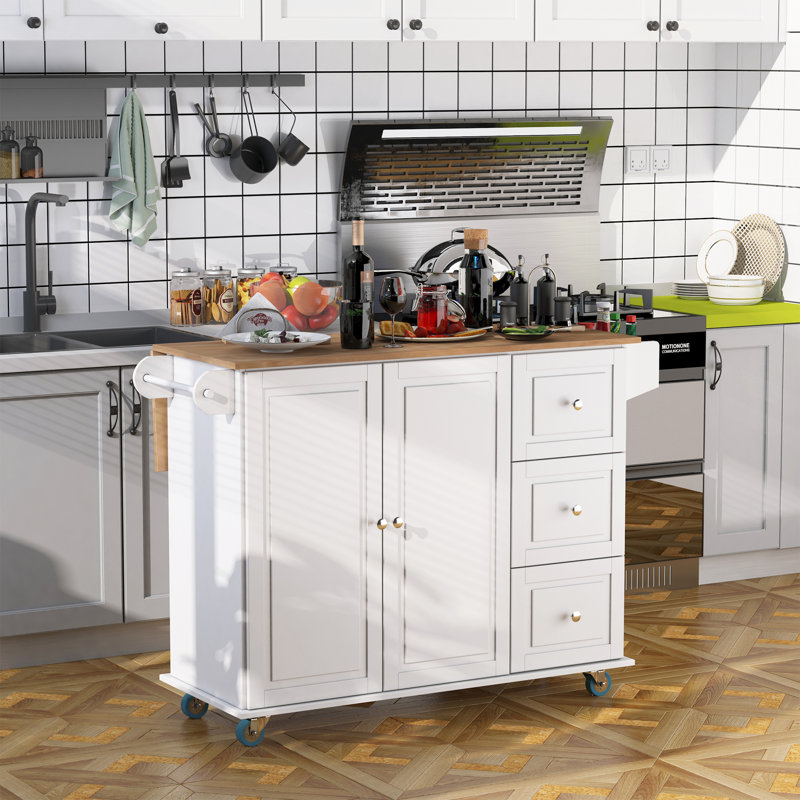 Mobile Kitchen Island with Drop Leaf, White