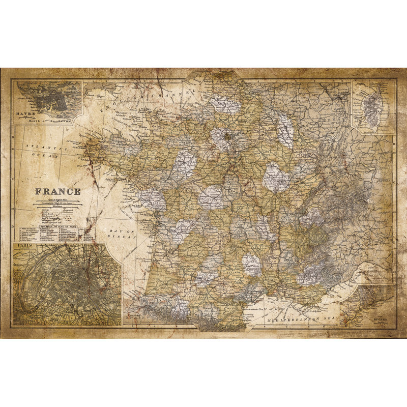 Dirty Brown France Map - Wrapped Canvas Print, 81cm H x 122cm W x 3.8cm D