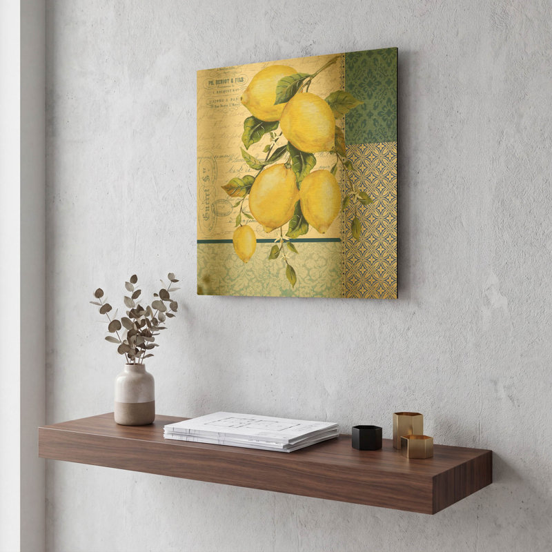 «Patchwork Lemons B» par Jean Plout, art mural en métal doré, 12 po x 12 po, 12"x12"