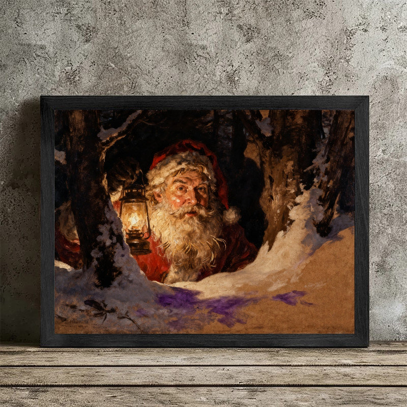 Art mural rétro noir encadré père Noël - Reproduction encadrée de scène de forêt de Noël rustique, H 17 po x l 13 po