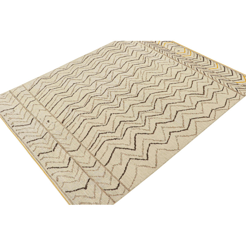 Moroccan Hand Knotted Wool Geometric Area Rug, Beige/Brown/Gold, Rectangle 10' x 14'