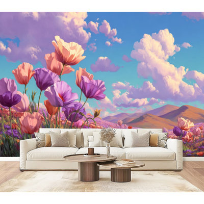 Floral Peel and Stick Wallpaper Ethereal Spring Blooming Fields Soft Watercolor Tones Pink Wall Murals 69"H x 96"W Removable PVC Wall Paper Self-Adhesive Wall Decor for Bedroom Living Room Home Office