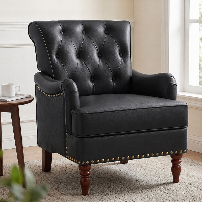 Fauteuil d'appoint capitonné en similicuir 29 po avec garniture cloutée, Noir, 1