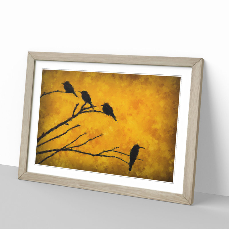 Birds on a Tree Branch - Picture Frame Painting, 27cm H x 36cm W x 2cm D, Oak Framed