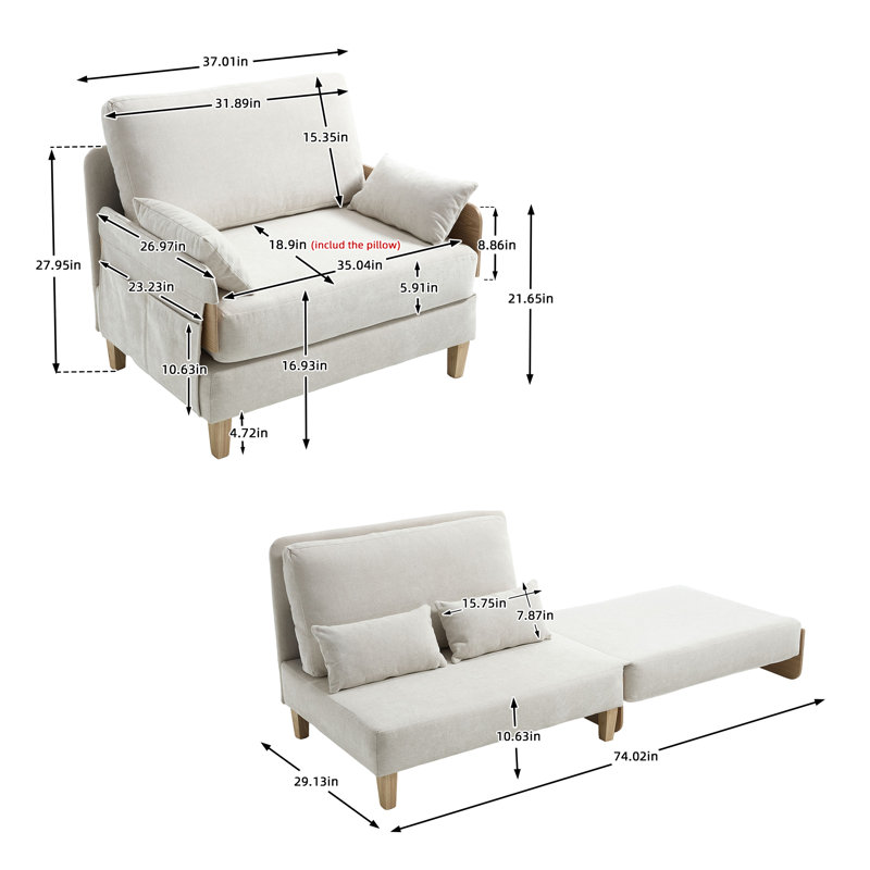 Space-Saving 3-in-1 Convertible Sofa Bed Recliner, Mid-Century Modern Design for Small Spaces, Multi-Functional Furniture with Removable Storage Pockets