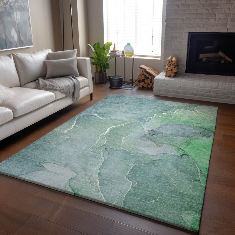Tapis bleu sarcelle lavable à la machine Cerrito AMF511 Cerrito, Rectangulaire 8 pi x 10 pi