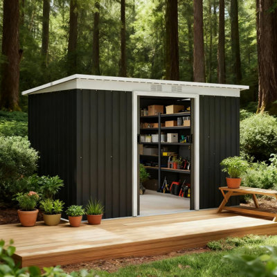 Remise de rangement extérieure gris foncé 9 pi x 4 pi avec toit incliné et portes verrouillables pour ranger les outils de jardinage dans le garage