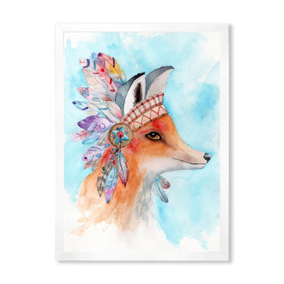 Renard roux avec couronne de plumes tribales - Peinture sur toile