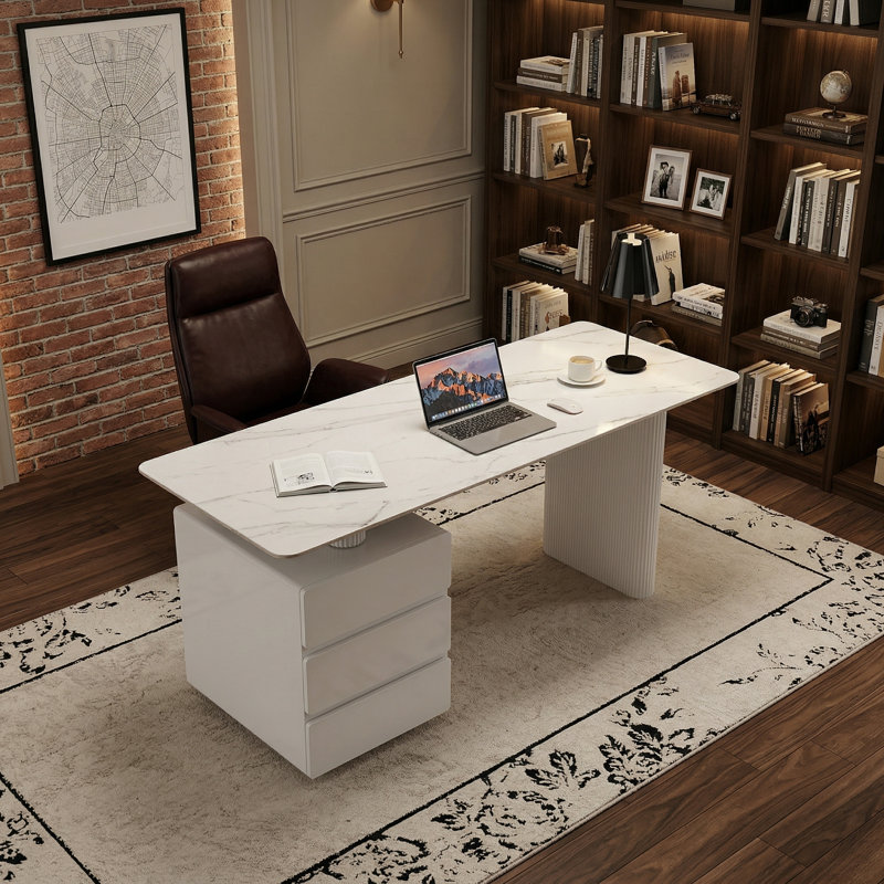 63" Modern Reversible Executive Desk with Sintered Stone Top, Fluted Pedestal and 3 Drawers, 29.53" H x 62.99" W x 27.56" D